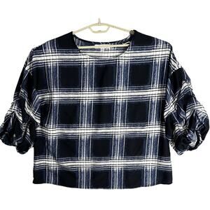 Maggie Max Womens Boxy Top Plus 1X Blue Gray White Plaid Academia Preppy